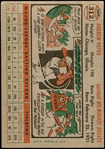 1956. Topps 312 Andy Pafko Milwaukee Braves VG/Ex Braves