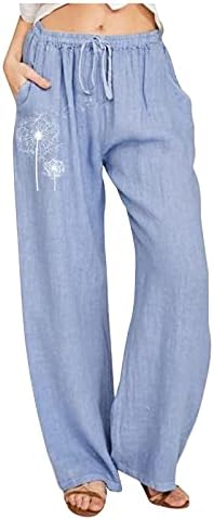Ženske pamučne lanene hlače maslačak tiskani visoki struk lagana struja labave široke hlače za noge plaže joge patulice