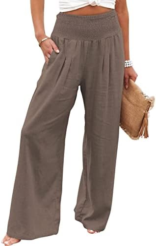 Iaqnaocc hlače za žene, udobne pamučne platnene hlače s visokim strukom s džepovima