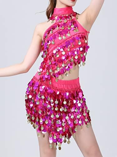 Ranrann Women Tassel šljokica latino trbušni ples odjeće Back Lace-up pozornice Plesni kostim 3 komada odjeća