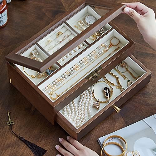 Drvena kutija nakita - prozirni držač nakita - s futrolom za ormariće za ogrlicu, naušnice, prstenove i narukvice - Savršeno za muškarce
