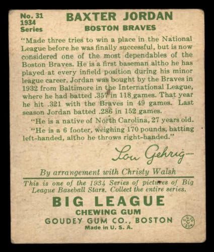 1934. Goudey 31 Baxter Jordan Boston Braves Good Braves