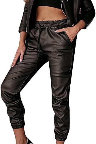 Ženske ublasne PU kožne hlače izvlačeći trkači visokog struka casual labave hlače s džepovima solidne boje Tweatpants