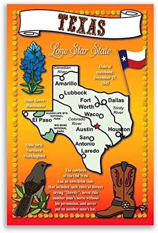 Texas State Map Set od 20 identičnih razglednica. Razglednice s TX mapom i državnim simbolima. Napravljeno u americi.