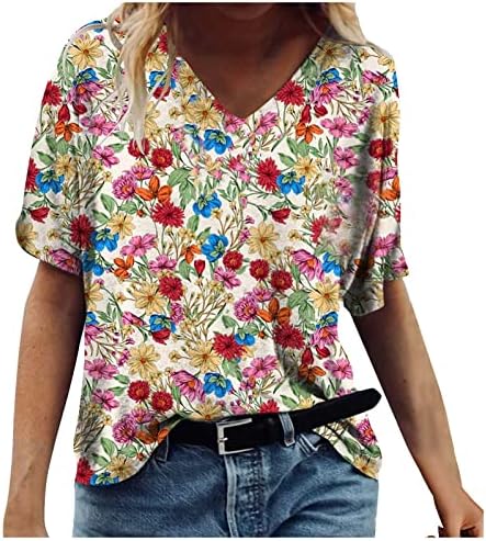 Ženske ljetne jesen tinejdžerske odjeće s kratkim rukavima Trendy Crewneck v Neck Cotton Graphic Lounge Top Thirt za dame Q6