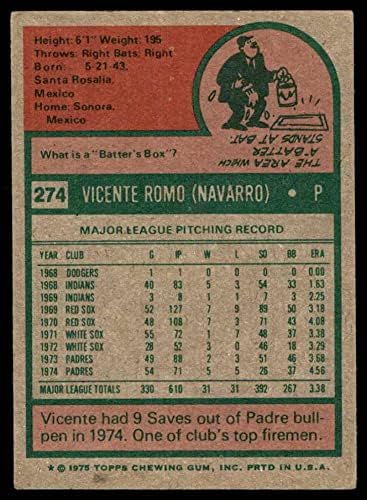 1975. Topps Redovna karta274 Vicente Romo iz ocjene San Diego Padres