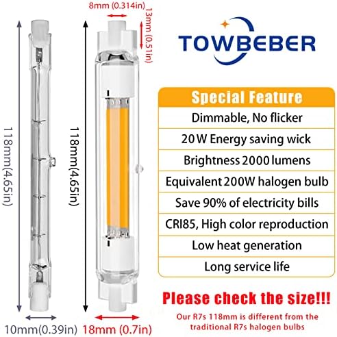 Led žarulja TOWBEBER R7s 118 mm s podesivim svjetline 4. generacije, 20 W potiska led J118 Base T3, zamjena za halogene žarulje snage