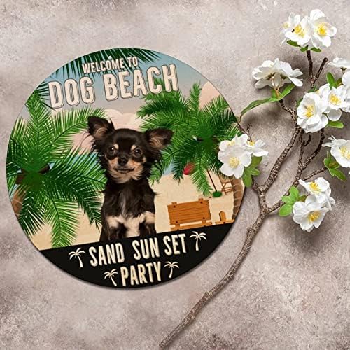 Smiješni okrugli pas metalni znak dobrodošli u pse plaže pijesak zalazak sunca zabava hrđavi vijenac znak za kućne ljubimce dobrodošli