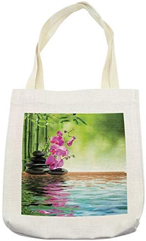 Ambsonne torba torba, cvjetovi od orhideja šljunčane kamenje i bambus na slici vode, tkanina od platnene torba za višekratnu upotrebu