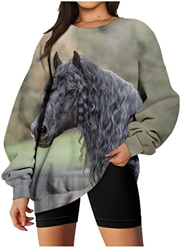 Vintage zapadnjačka etnička dukserica za žene 3D Konjski grafički ležerni posada za vrat dukserica dugih rukava Preveliki pulover vrhovi