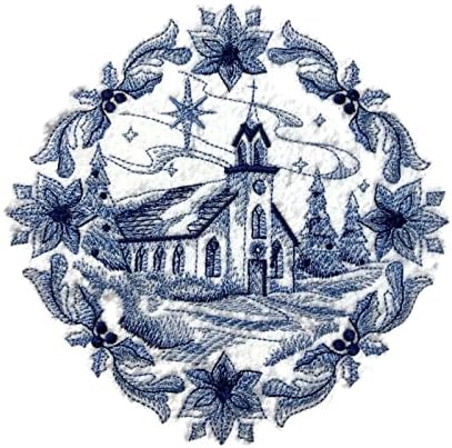 Prilagođene i jedinstvene nijanse plave [Delft Blue Christmas Church] vezeni Iron On/Sew flaster [6.85 * 5.86] [Made in USA]
