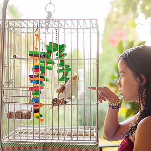 Mewtogo 2PCS igračke za ptice - zelena igračka sa zabranom papiga i raznobojni prirodni drveni blokovi igračka za žvakanje ptica za