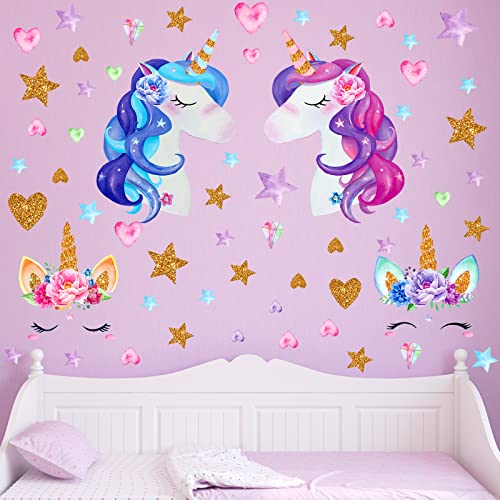 3 lista zidnih naljepnica jednoroga, velika veličina zidnog dekora jednoroga sa srcem i zvijezdama za djevojčice dječja spavaća soba