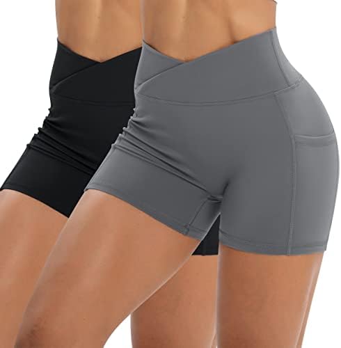 Kratke hlače za žene 2 PCS Pack Cross struk aktivna teretana Spandex Stready Yoga kompresija sa bočnim džepovima