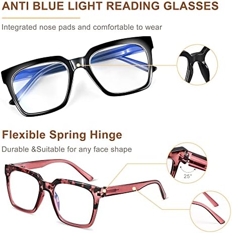 Jednostavno pročitajte 3 para za čitanje naočala za žene, SQURE Computer Blue Light Blokirajući anti UV čitače s opružnim šarkama